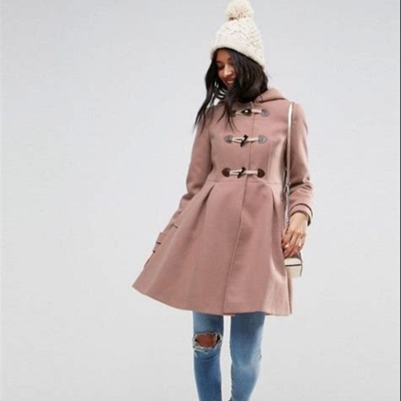 ASOS Camel Duffle swing fit pea coat w hood pockets - Picture 2 of 6